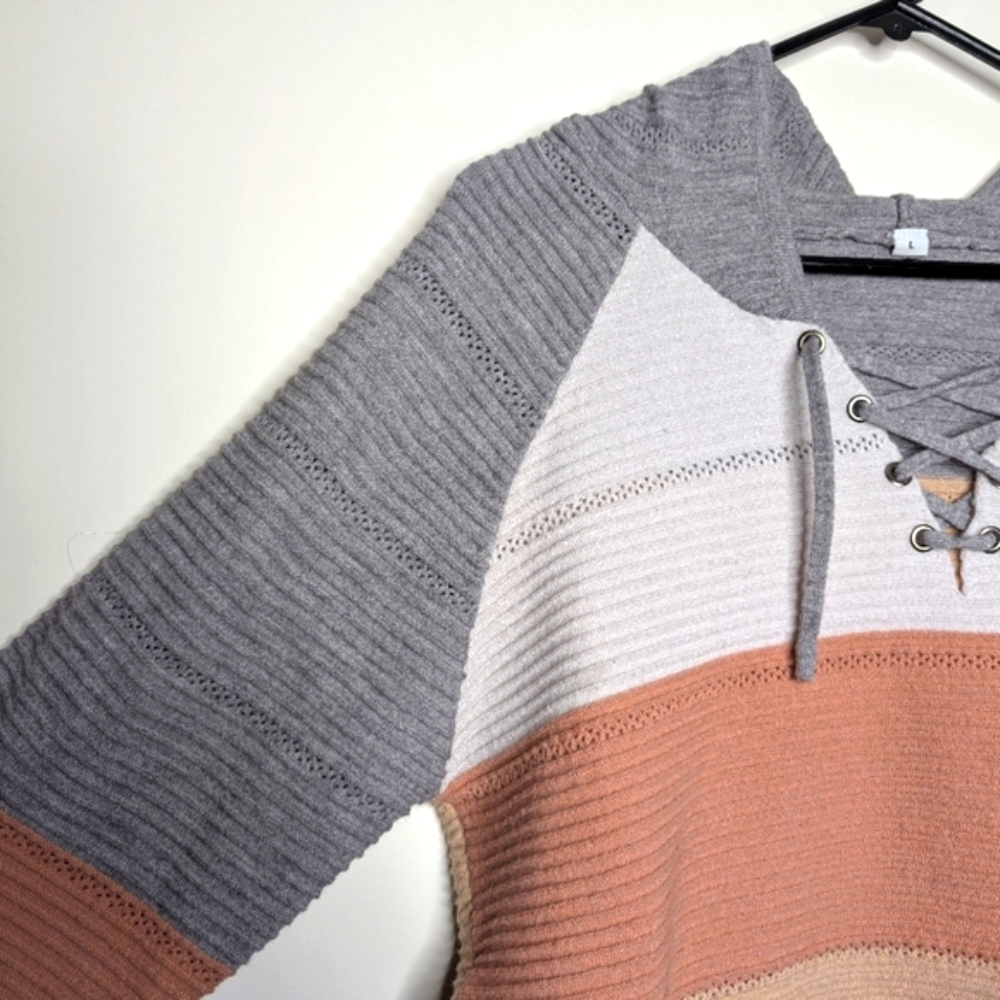 Women's Pastel Color Block Pullover Hoodie with Criss Cross V Neck Size Large - Picture 5 of 16